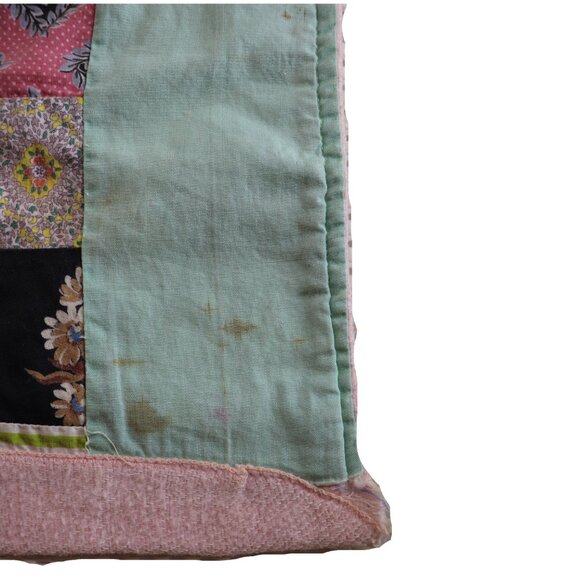 Vintage Home Made Patchwork Blanket 31x27 Has Spots - Picture 3 of 11